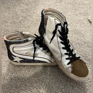 New Golden Goose Slide with suede toe with glitter net and a leather star